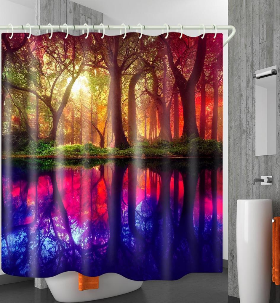 Łazienkowe Kolorowe Dekoracyjne Zasłony Prysznicowe z Motywem Leśnego Snu 3D, Tkaninowa Zasłona Prysznicowa z 12 Haczykami, Zasłony Prysznicowe do Wanny