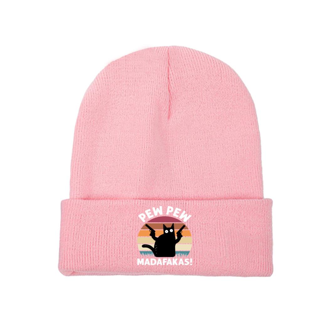 Chapeau Tricoté Bonnet Chat Noir Rétro Vintage Pew Pew Madafakas Chapeau Automne Hiver Chaud Polyester Décontracté Bonnets pour Unisexe Femmes