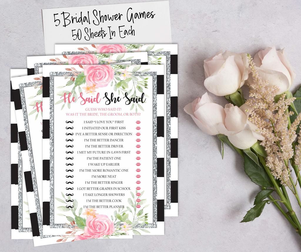 Inkdotpot Bridal Shower Games Set of 5 (Activities for 50 Guests) Floral Theme Fun Bachelorette Party Games Set Bundle