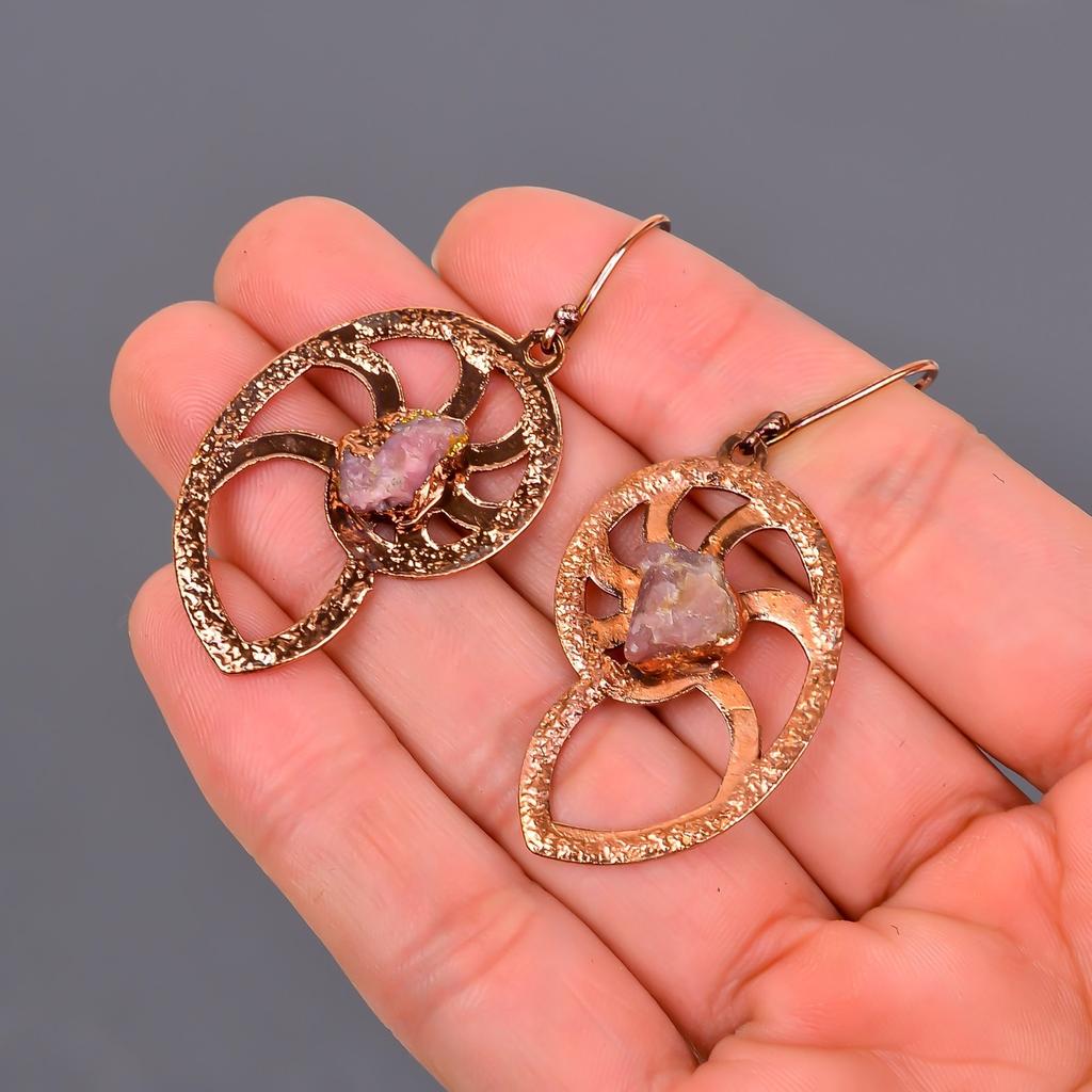 Natural Pink Sapphire Copper Dangle Daughter Gift Electroformed Earrings Jewelry V-103