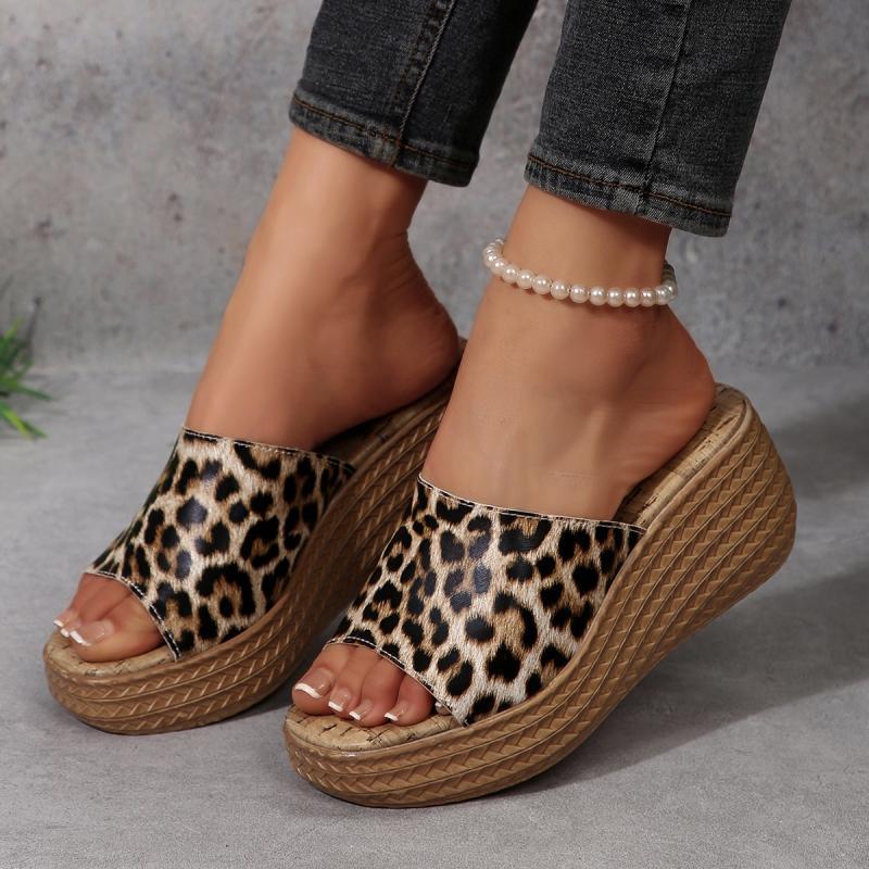 Fashion Chunky Platform Wedges Sandals Women Sexy Peep Toe Leopard Slippers Women 2025 Summer High Heel Anti Slip Sandalias Mujer