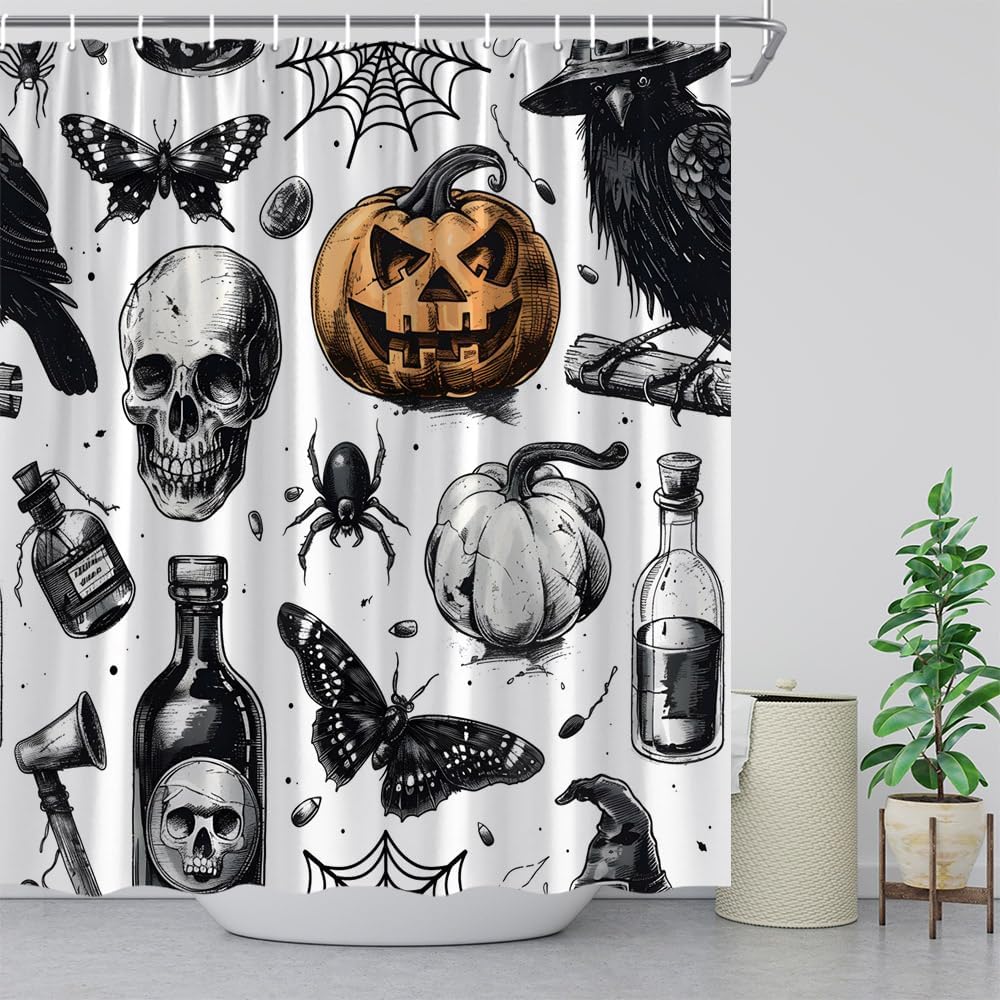 Gothic Skull Pumpkin Shower Curtain Halloween Spider Crow Butterfly Scary Magic Potion Black and White Festival Decorate