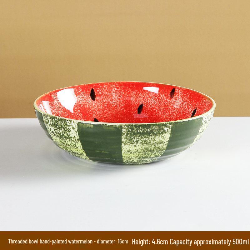 Hand-Painted Watermelon Design Large Ceramic Noodle Bowl with Underglaze Snails Pattern - Fresh, Deep & Stylish.