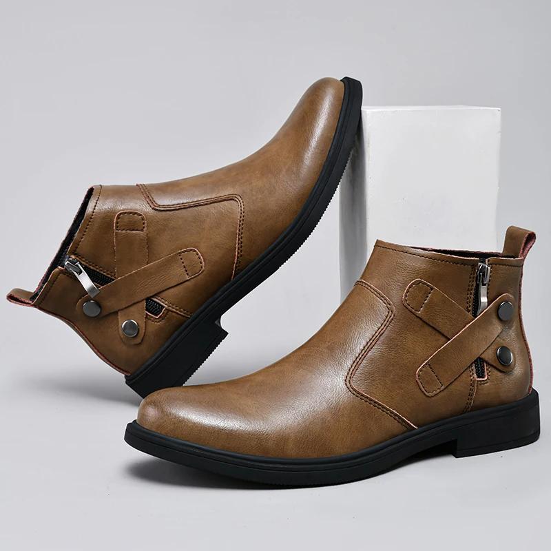 Mote Høy Kvalitet Chelsea Herrestøvler Ekte Lær Komfortable Business Støvler For Menn Sideglidelås Herre Vintersnø Fottøy Herre
