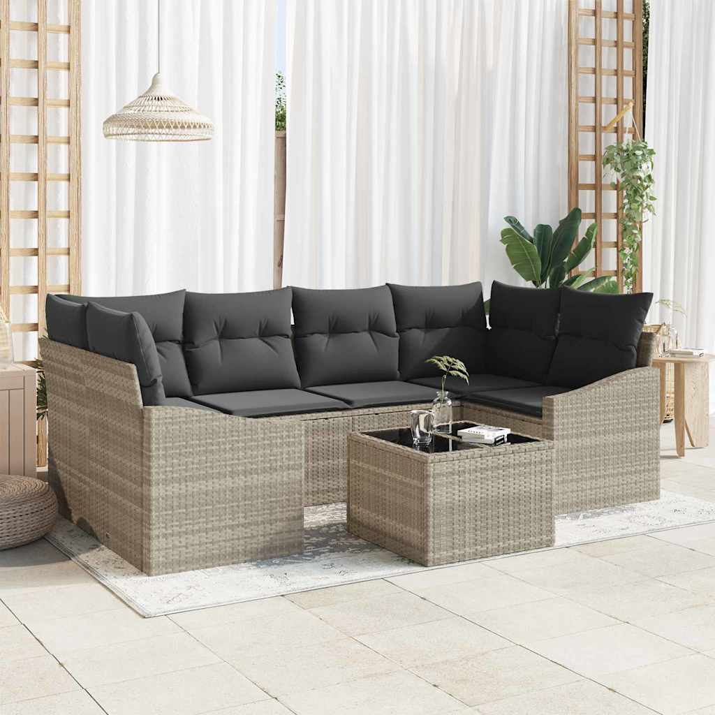 7 Piece Sofa Set with Cushions Light Grey Poly Rattan