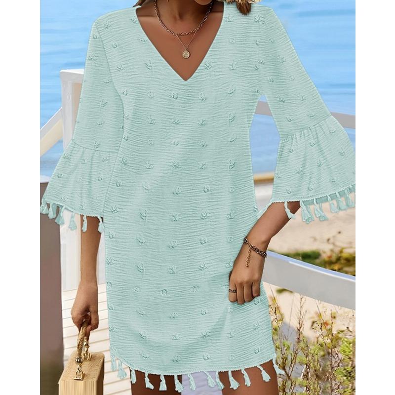 JKASHDK Mode femme été printemps couleur unie imprimé manches 3/4 col en v taille ample robes décontractées