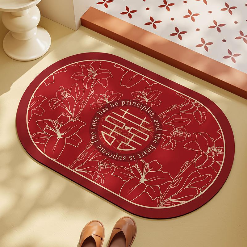 Wedding Floor Mat Bathroom Diatom Mud Strong Water Absorption Quick Drying Toilet Door Non-Slip And Anti-Drop Red Happy Word Foot Pad
