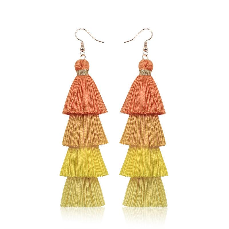 Boho Ethnic 4 Layered Tassel Drop Earrings For Women Long Fringe Statement Dangle Earring Female Bohemian Jewelry Gift