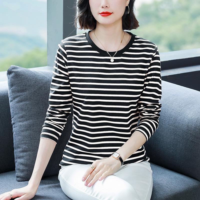 Plus Size Loose-Fit Cotton Striped Long-Sleeve T-Shirt for Middle-Aged & Elderly Women