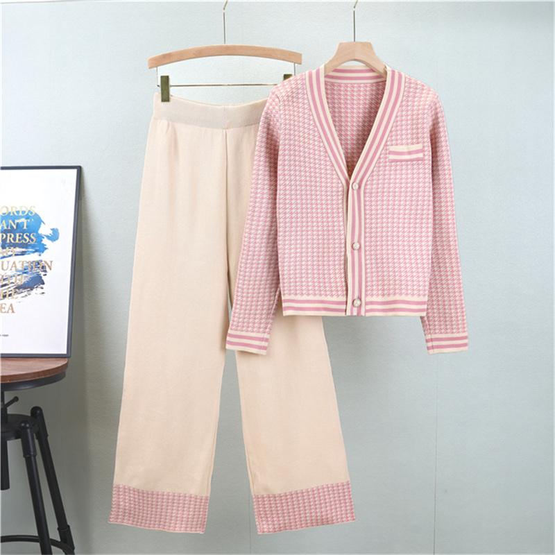 

Женский осенне-зимний трикотажный кардиган с V-образным вырезом и брюки с широкими штанинами, комплект из двух предметов, комплект с темпераментом One Size розовый