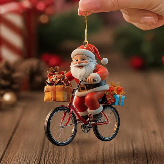Double Sided Printed Tree Ornaments 2Pcs Christmas Santa Riding Bicycle Acrylic Hanging Ornament, Car Interior Rearview Mirror Charm, Holiday Backpack