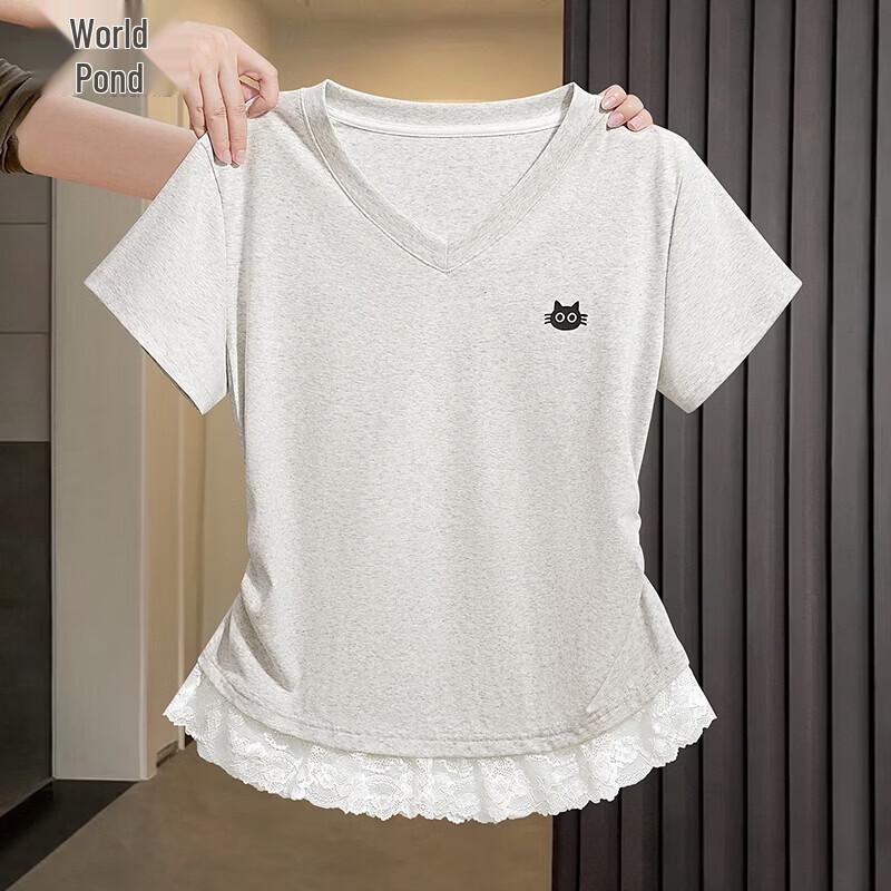 Women s Sweet Style Lace Trim V-Neck T-shirt L