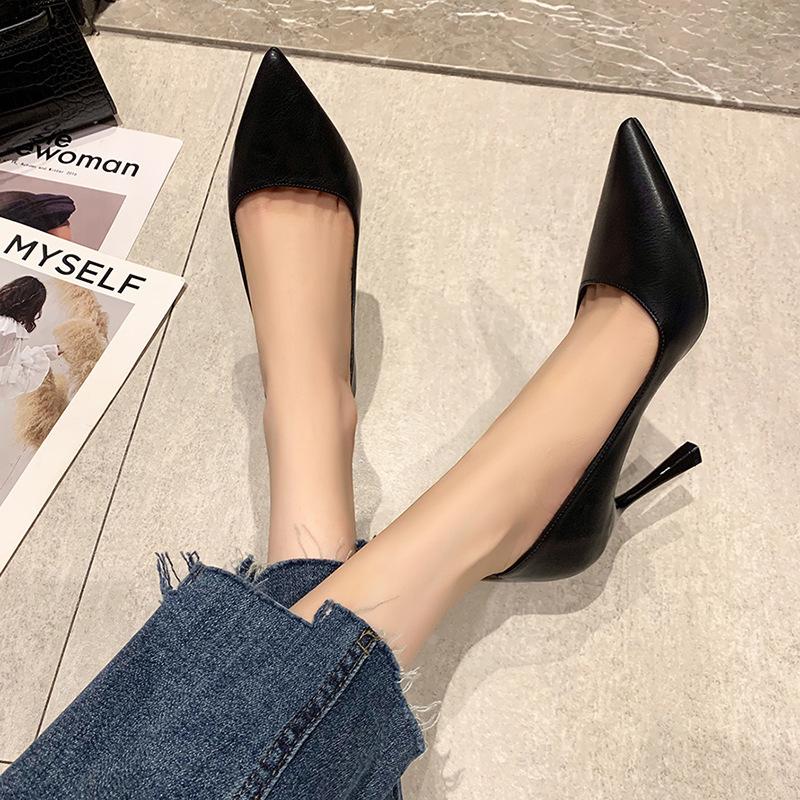 Fashion New Soft Leather Black Professional High Heels Female Stiletto All-match Flight Attendant Single Shoes Work Shoes Zaptos Mujer