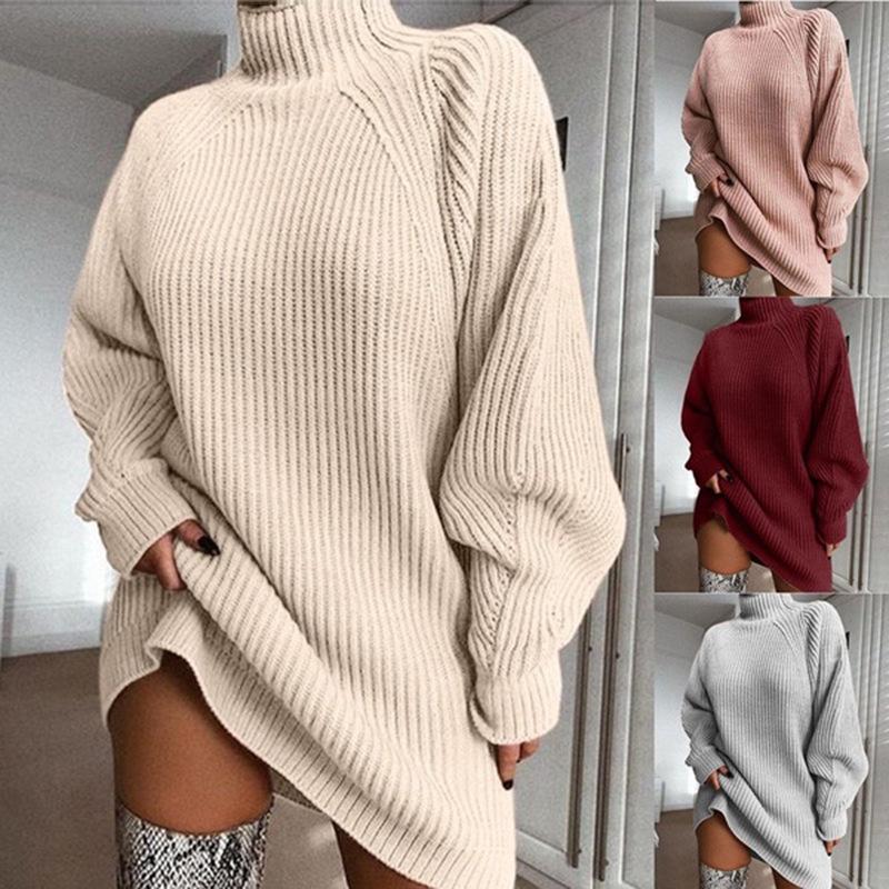  Autumn/Winter Hot Style Knitted Mid-Length Raglan Sleeve Semi-High Neck Sweater Dress