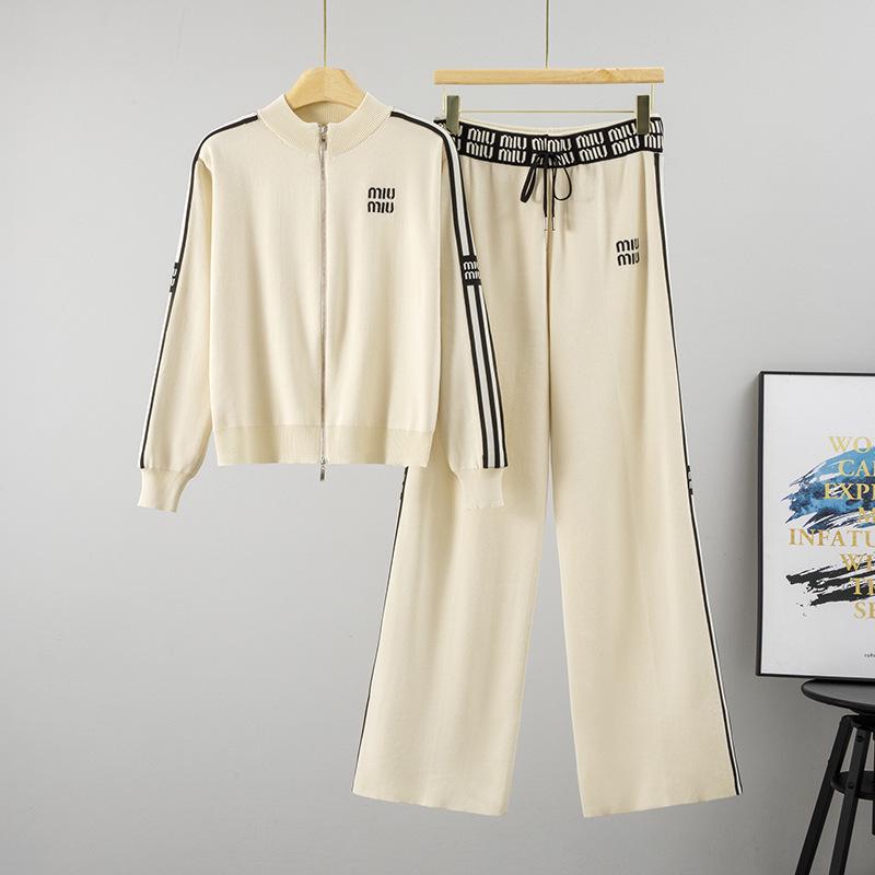 Women's Trendy Knit Set: Embroidered Zip Cardigan & Wide-Leg Pants for Autumn/Winter