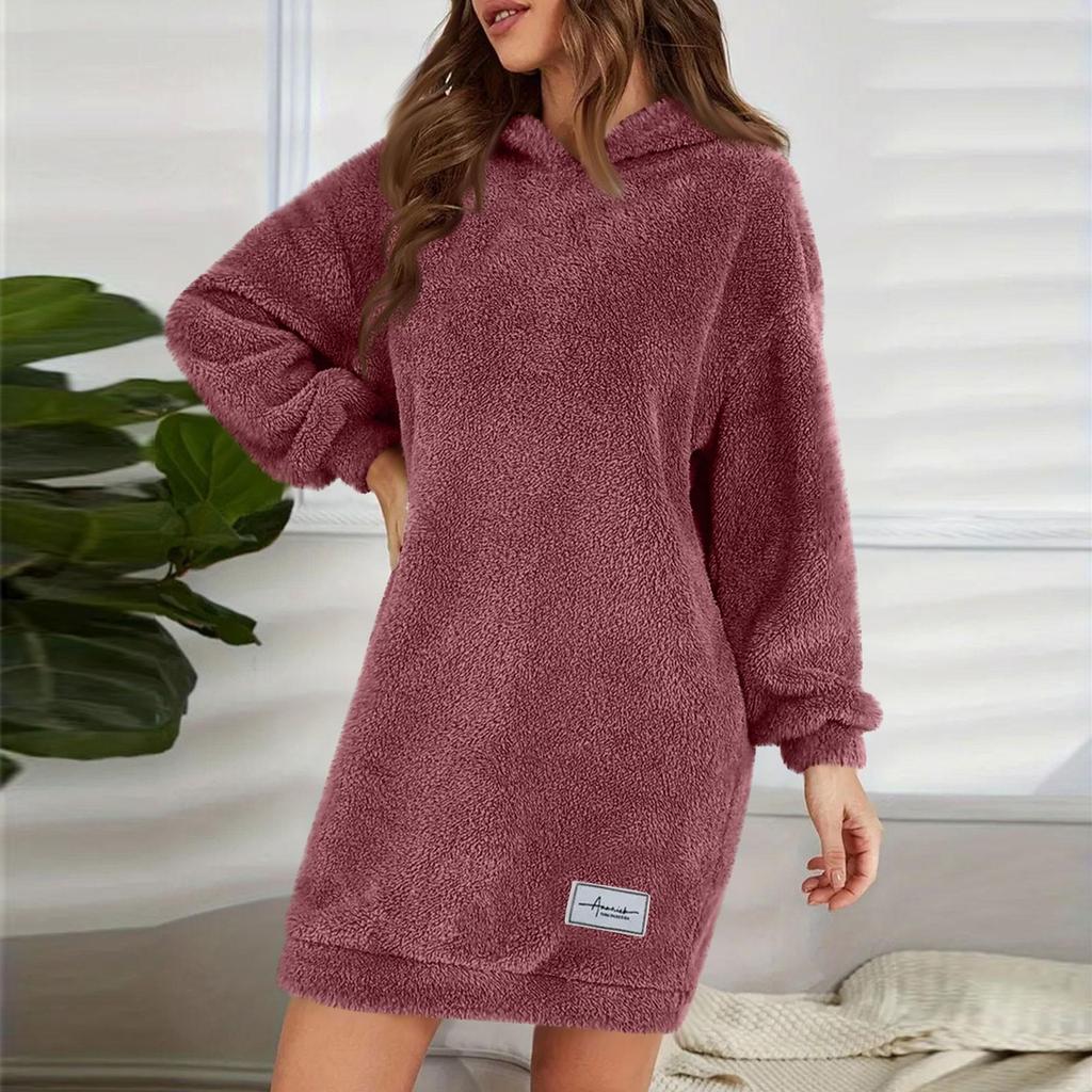 Abito da donna alla moda con cappuccio a maniche lunghe in peluche tinta unita felpa casual
