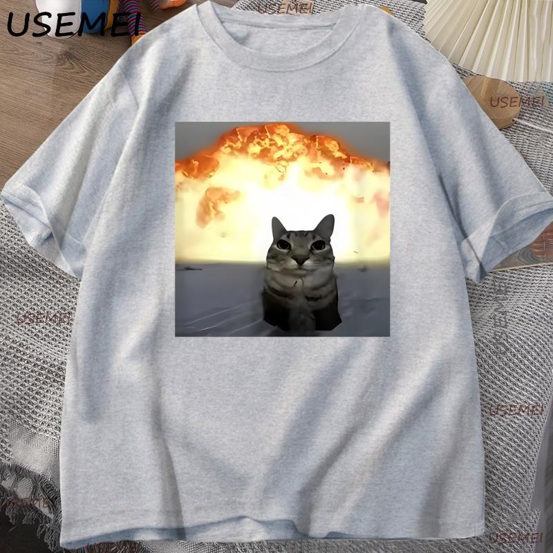 Whimsical Cat Explosion Print T-Shirt Men Loose Cotton Funny Short Sleeves T Shirt Cat Lover Tees Unisex Tops Y2k Clothes