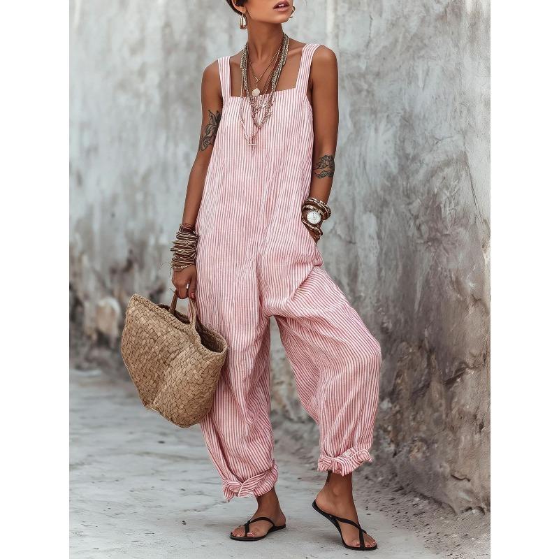 TIFICY Women's Fashion Casual Summer Spring Stripe Print Sleeveless Square Collar Loose Waistline Trousers Jumpsuits & Rompers