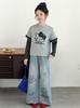 Girls' Retro Blue Graffiti Wide-Leg Jeans: Hand-Painted Loose-Fit Casual Pants
