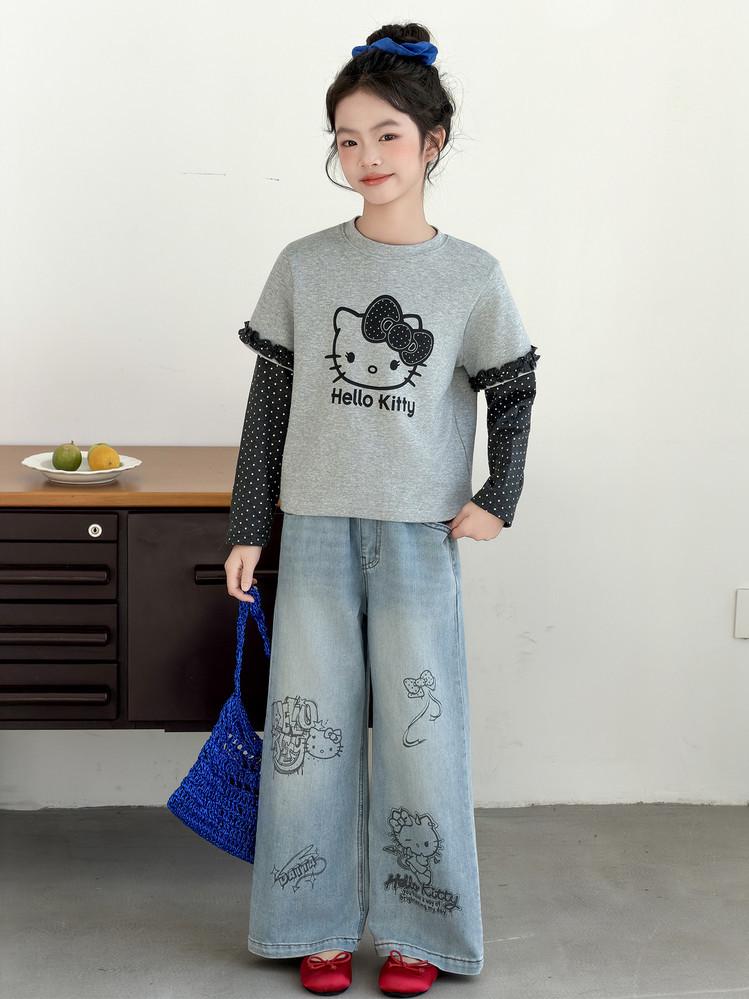Girls' Retro Blue Graffiti Wide-Leg Jeans: Hand-Painted Loose-Fit Casual Pants