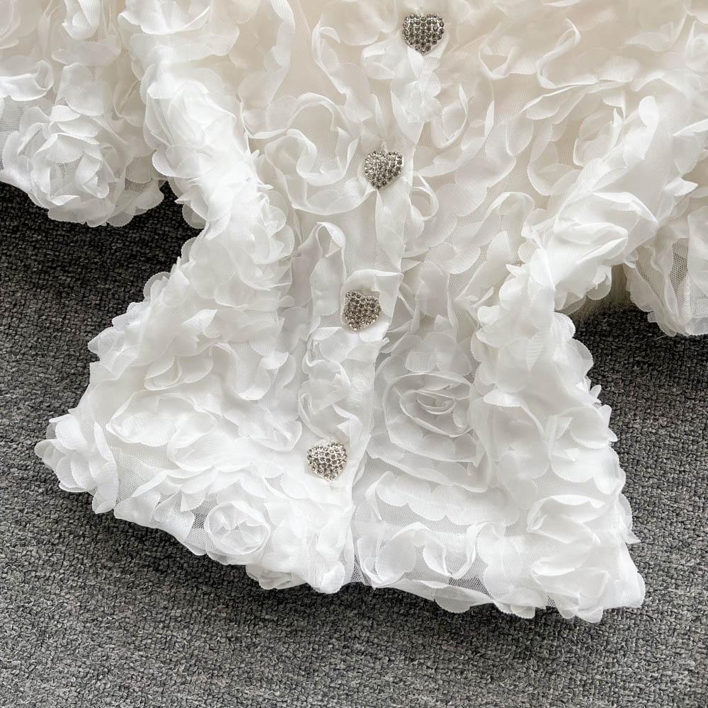 RUGOD Niche Design Sense Mesh Flower Kort Temperament-skjorte for kvinner Sommer Ny Slim Enkeltspente All-Match-topp