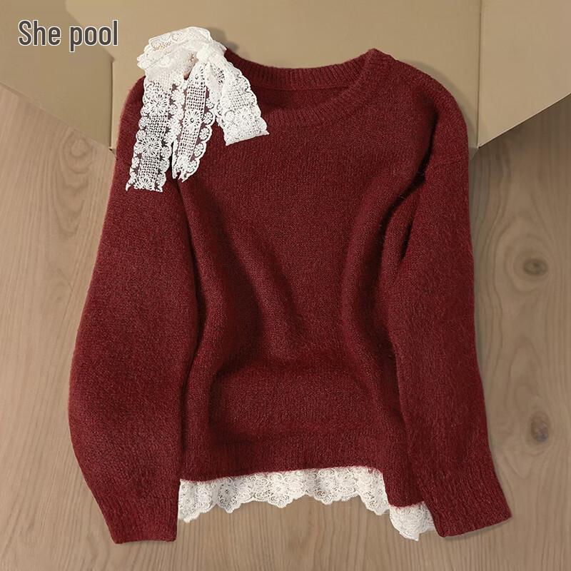 Women s Lamb Wool Blend Bow Knot Knit Sweater with Lace Trim One Size