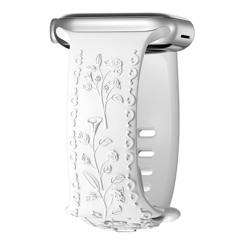 Engraved Strap For Apple Watch Band 42mm 44mm 45mm 41mm 40mm 49mm Silicone Floral Bracelet Correa Series 8 9 7 SE 4 5 6 Ultra 2