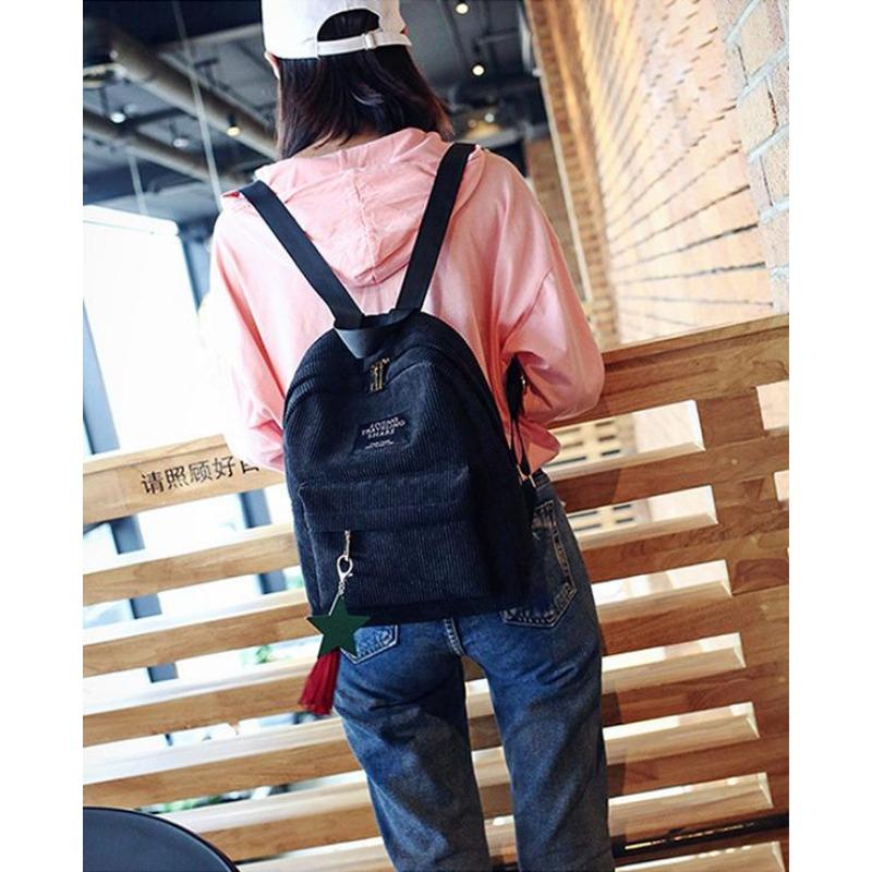 Women School Soulder Bag Tassel Corduroy Backpack Preppy Style Knapsack