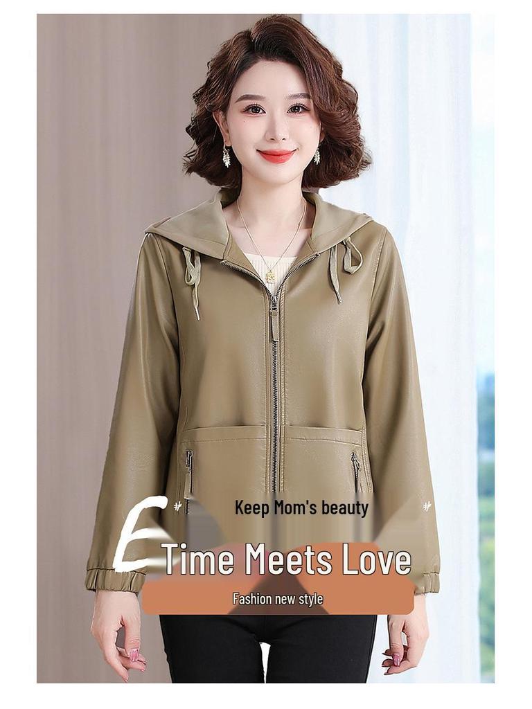 Spring/Autumn 2025 Women's Hooded PU Leather Short Coat - Stylish Zipper Jacket for Young Moms.