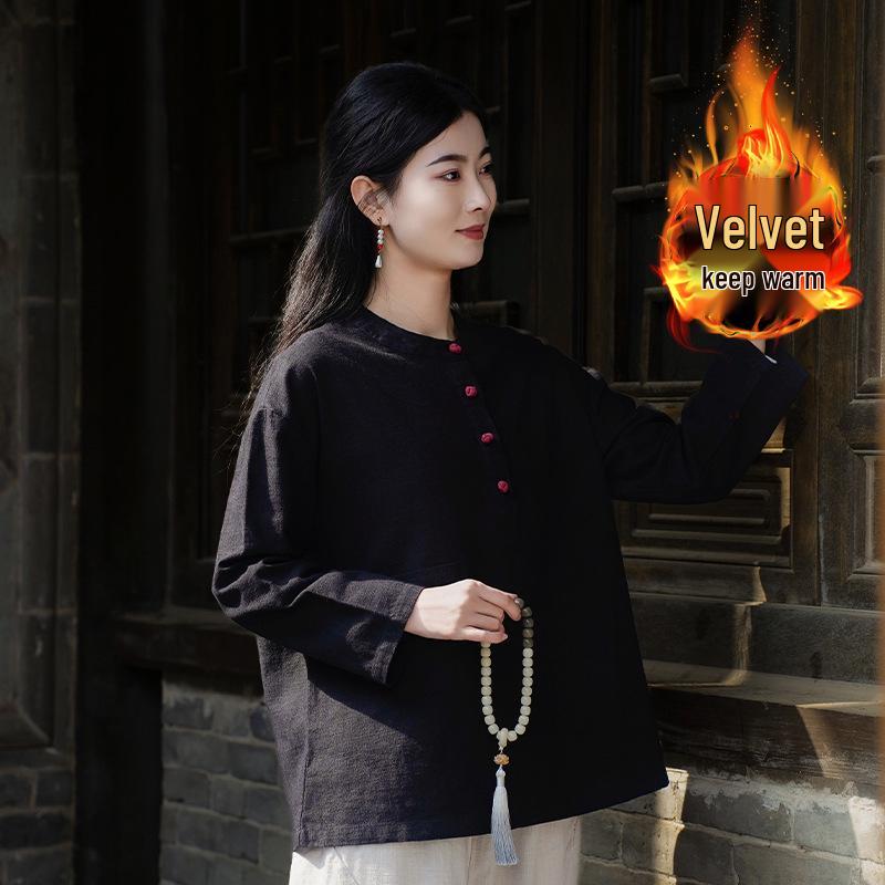 Women's Retro Chinese Style Patchwork Top: Cotton Linen with Fleece, Stand Collar, and Frog Button