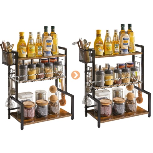 YMYNY 3-Tier Condiment Rack with Large Capacity, Metal Basket and 6 Hooks, Adjustable Height, Waterproof and Easy To Clean, Ideal for Kitchen and Bath