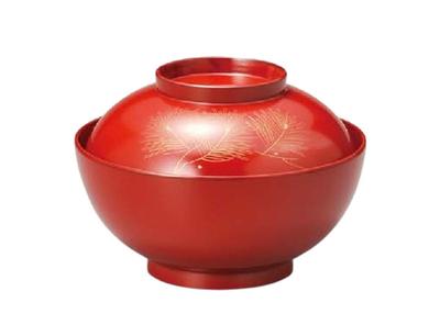 J-kitchens Gold Lacquer Bowl with Pine Design, Zoni Bowl, Vermilion (1 Bowl), 13.6cm, Hand-painted, Made In Japan