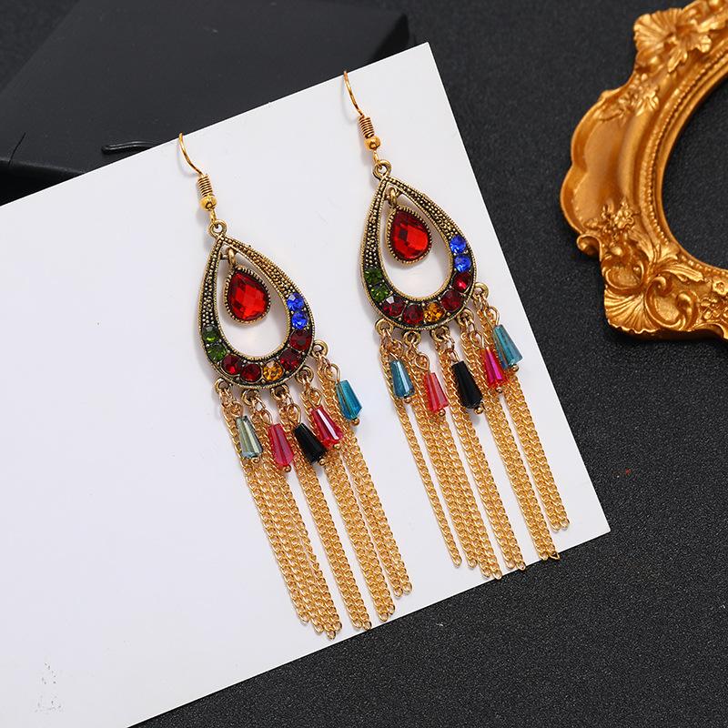Vintage court ancient gold long fringed earrings women's bohemian ethnic style earrings vacation travel photography temperament earrings