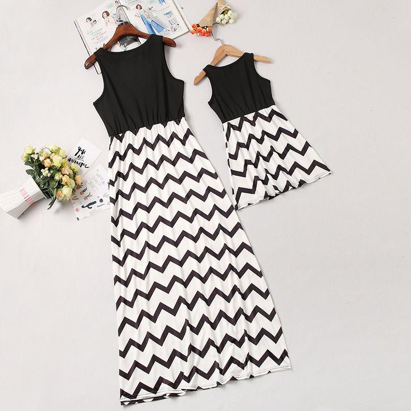 Stylish Mother And Daughter Fashion Casual Boho Stripe Maxi Matching Dress Outfits