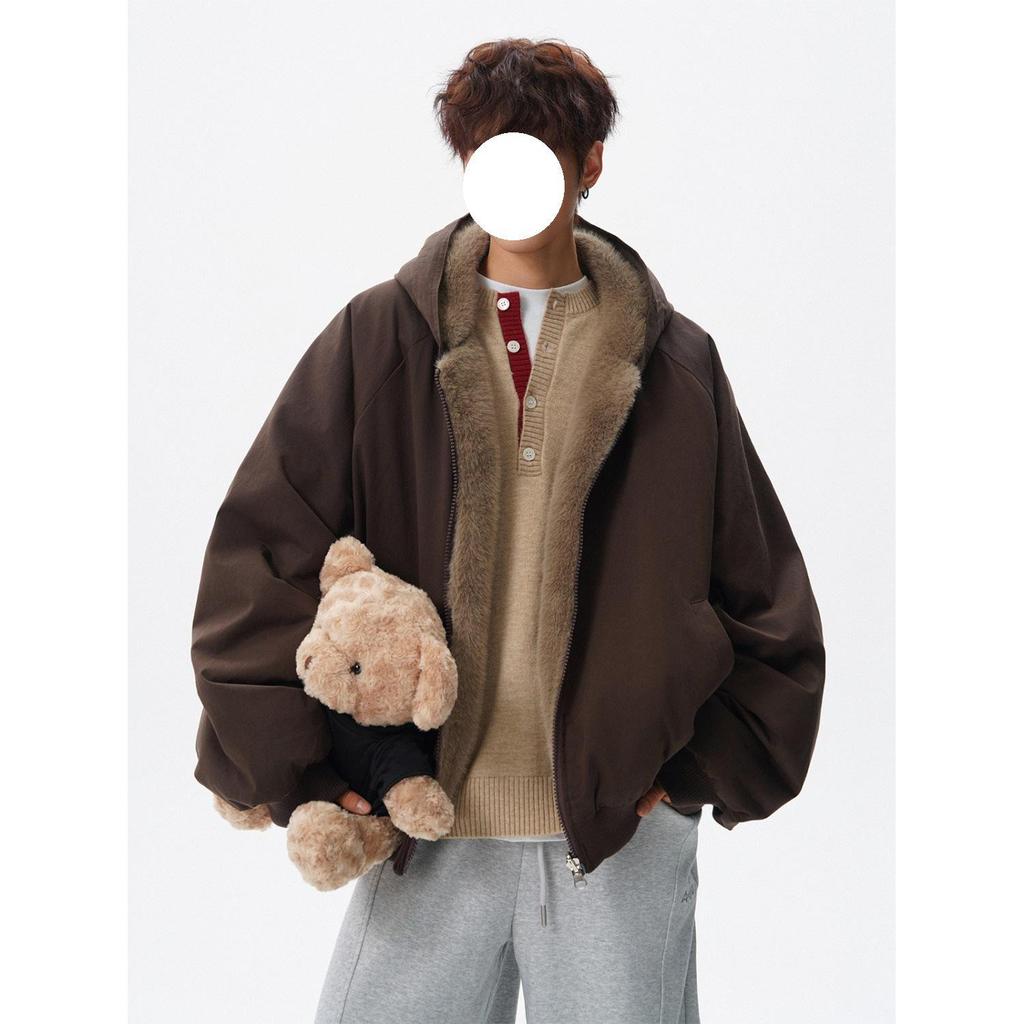 Trendy Reversible Faux Rabbit Fur Men's Winter Jacket: Cool, Warm, Retro Hooded Cotton Coat for Couples