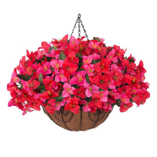 1/2Pcs Hanging Artificial Bougainvillea Speetabilis with Coconut Palm Flower Basket UV Resistant Fake Flower Indoor Outdoor Faux Bloom Decoration