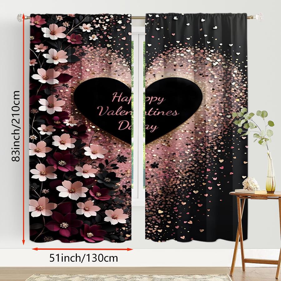 2PCS Black Pink Rose Love Sparkling Gold Curtains   Romantic Style   Suitable for Bedroom and Living Room   Pull Up Pocket Style