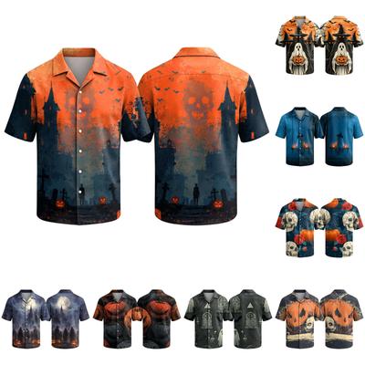 Men's Casual Short Sleeve Button Down Shirt Halloween Print Camp Collar Relaxed Fit Lightweight Top