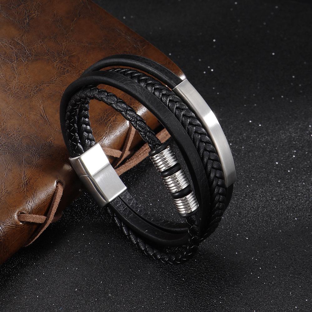 Men's Titanium Magnetic Buckle Leather Bracelet with Titanium Steel and Woven Stainless Steel Design