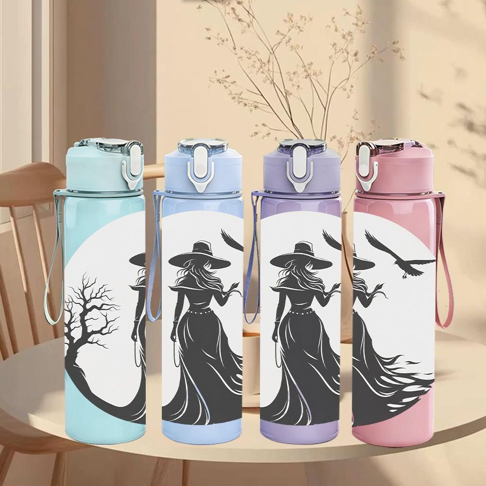 1PC Silhouette Witch Under Moon Night Print 750ml Color Plastic Sports Water Bottle Leakproof Flip Straw Lid Suitable for Sports Office Home Use