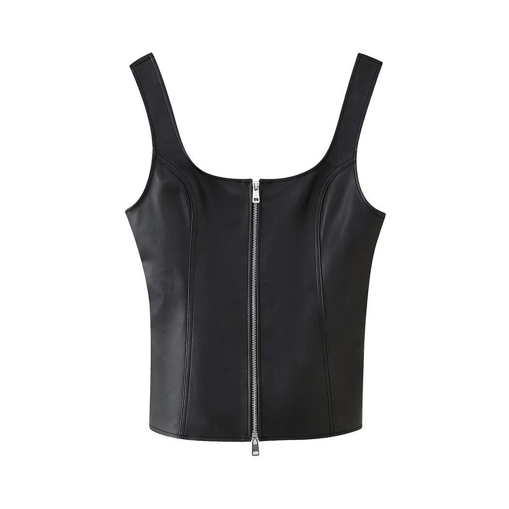 2024 European & American Style Faux Leather Slim Fit Women's Jacket with Zipper and Sexy Cami