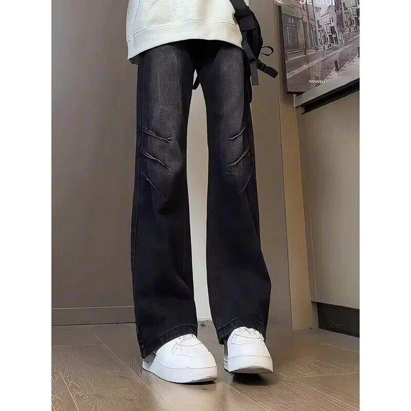 American retro washed dark blue jeans men's scimitar vibe pants high street handsome casual straight micro-pull pants