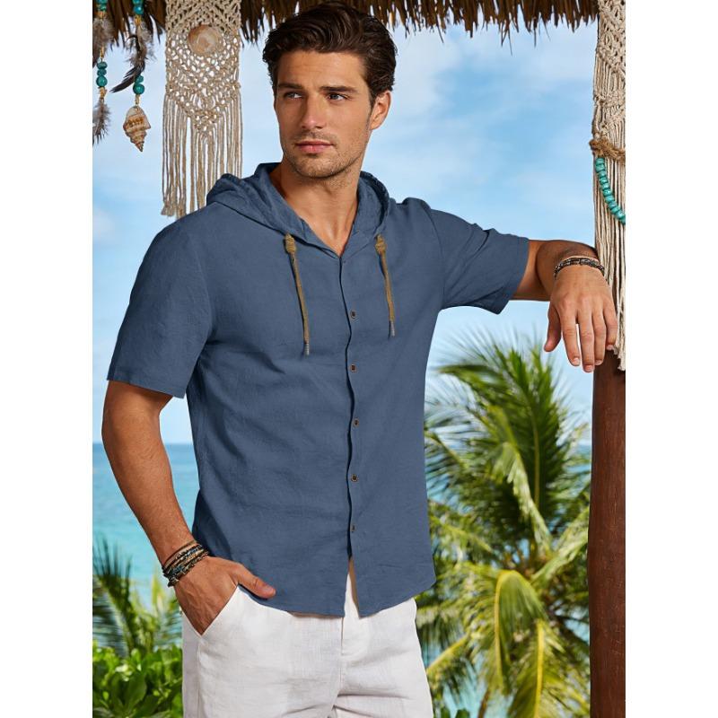 Men S Short Sleeve Hooded Open Front Shirt Loose Breathable Summer Casual