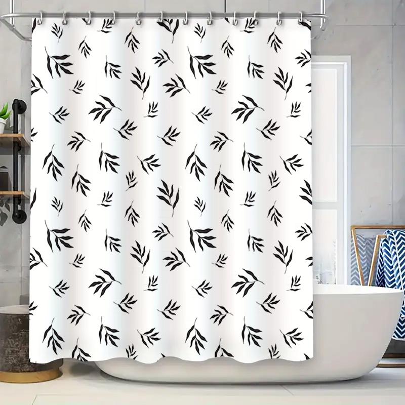 

Leaf Print Shower Curtain Waterproof Fabric Bathroom Decor For Home Decoration In Black And White With Fresh And Natural Style D W60H190(CM)-1 Pcs