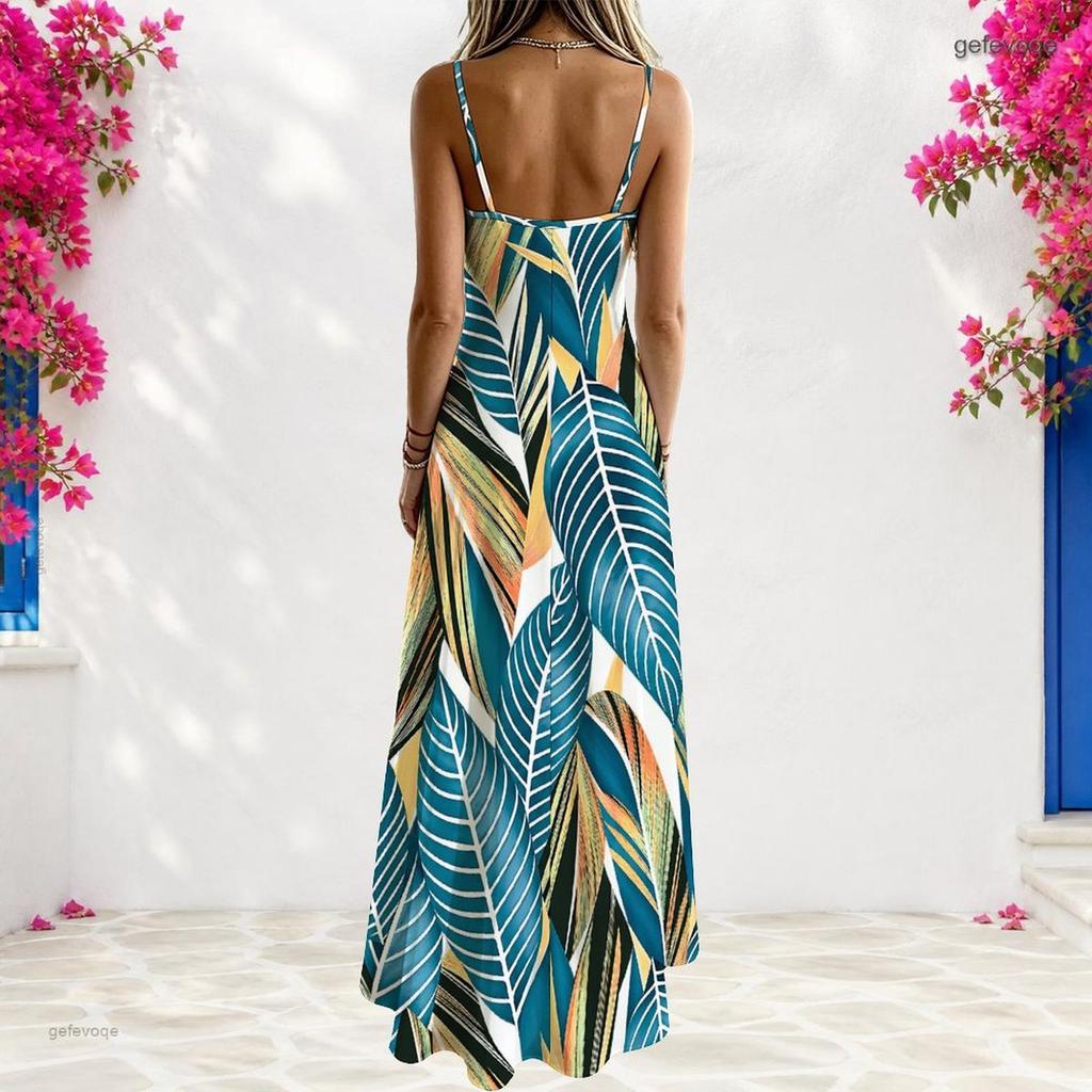 Women Plus Size Spaghetti Strap V Neck Sleeveless Green Blue Printed A Line Long Dress