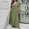 Women's V Neck Short Sleeve Textured Wrinkle Effect Loose Fit Dress with Pockets Casual Comfortable Midi Length
