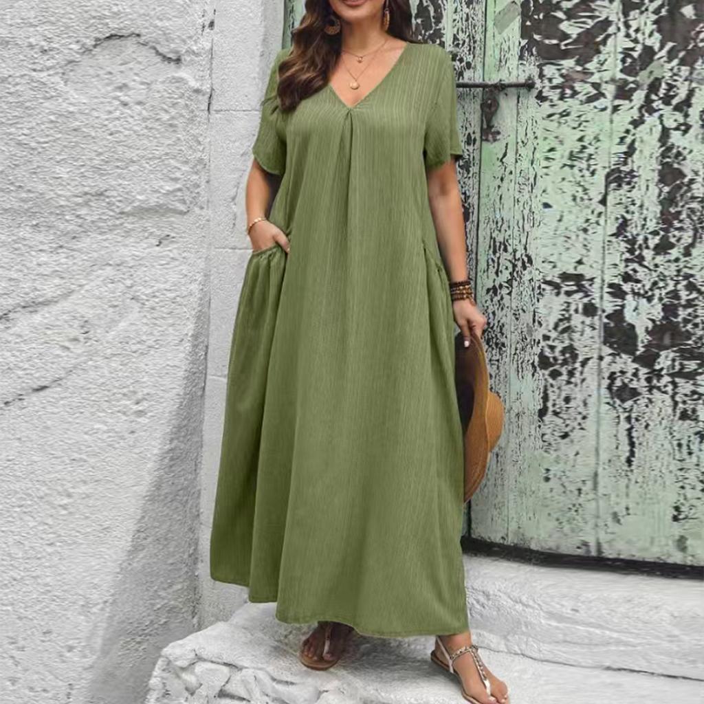 Women's V Neck Short Sleeve Textured Wrinkle Effect Loose Fit Dress with Pockets Casual Comfortable Midi Length
