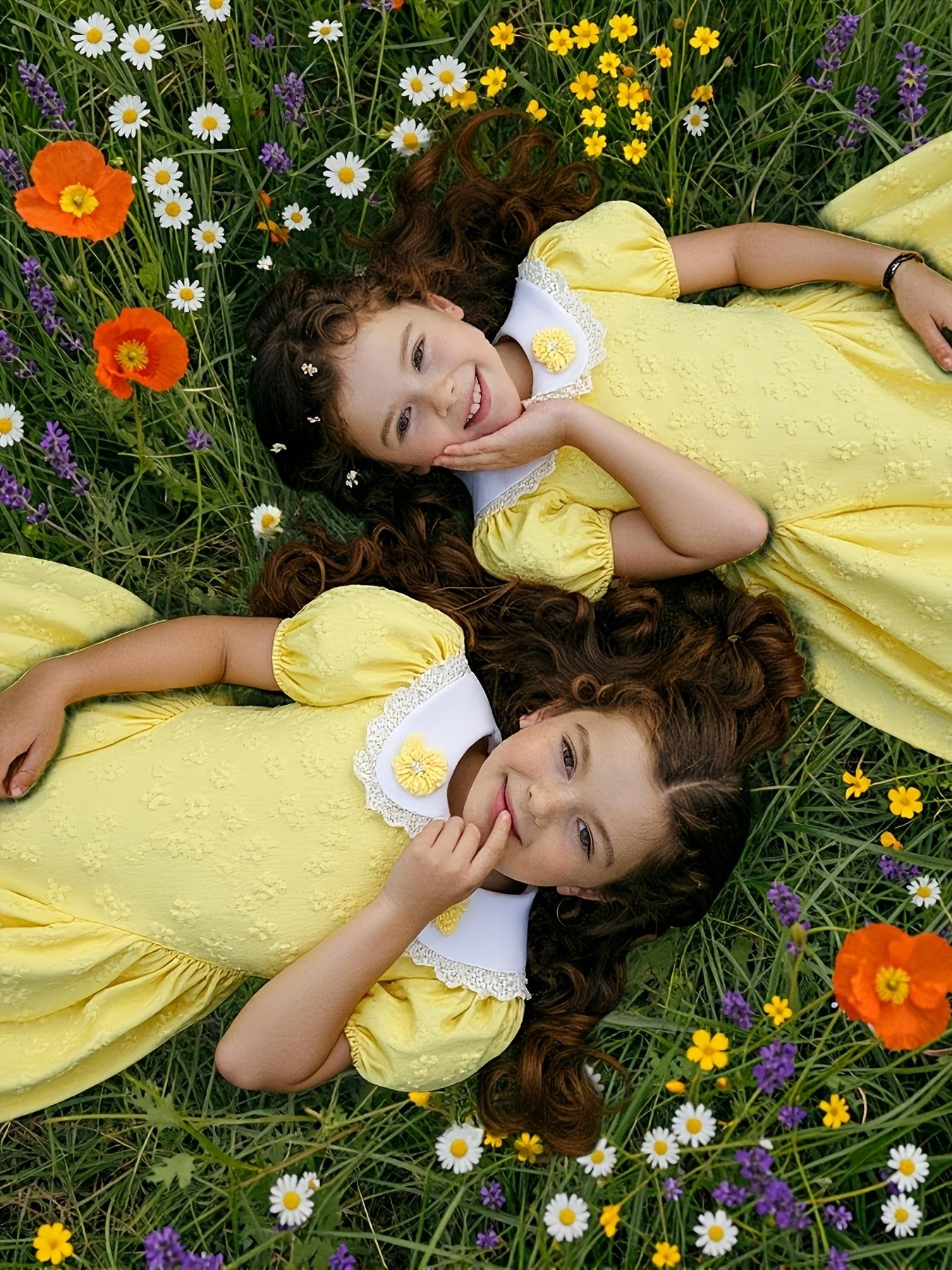 Kids Summer Dress for Girls 4-7 Years Old  Flower Lace Edges Cute Peter Pan Collar Bubble Sleeve Solid Jacquard Dress 4Y жёлтый