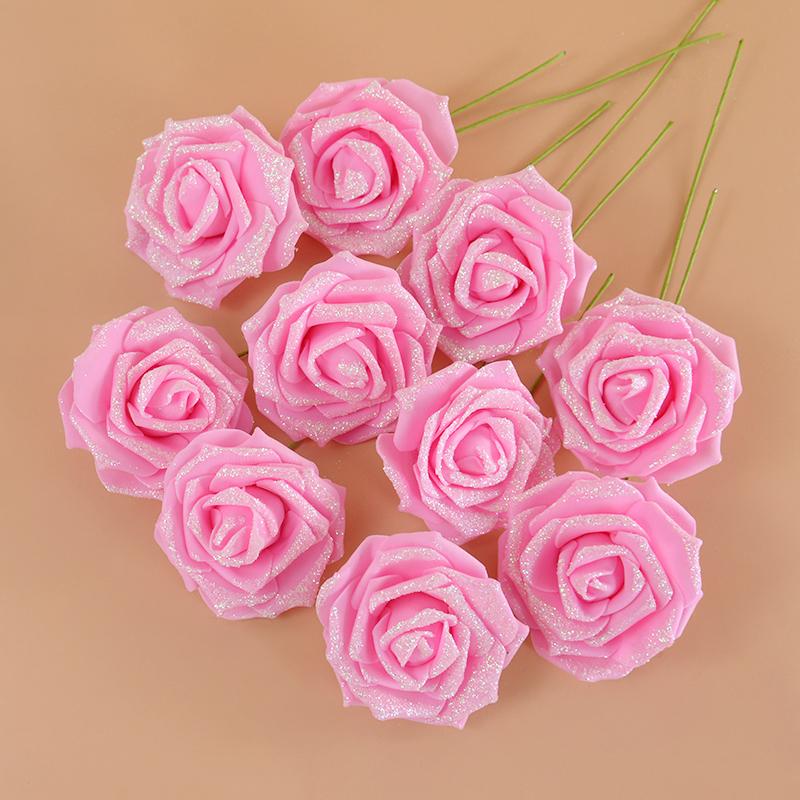 10/20Pcs Artificial Rose Flowers with Stem Foam Glitter Fake Flower Bouquet Wedding Party Centerpieces Home Garden Decoration