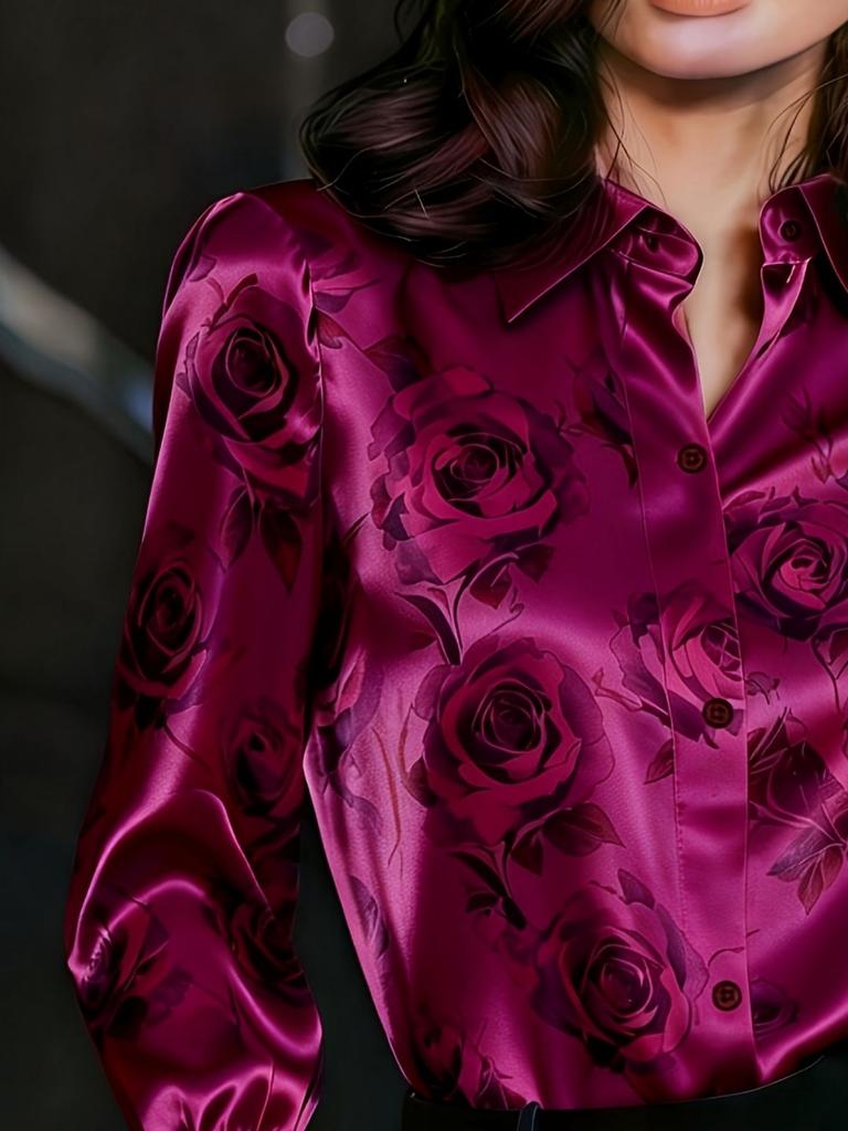An elegant women's all-purpose blouse made of silk with a floral pattern, suitable for suburban trips.